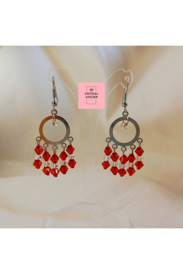 Red Crystal Beaded Dangle Hoop Earrings - Sparkling Elegant Chic Women's Earrings - Fashion Accessory Jewelry