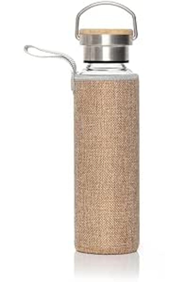 Hans Larsen Borosilicate BPA-Free Glass Water Bottle with Protective Sleeve and Bamboo Lid (Jute)
