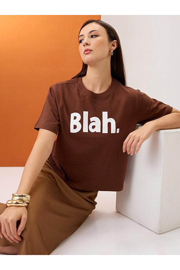 Brown Slogan Print Boxy Crop T-Shirt