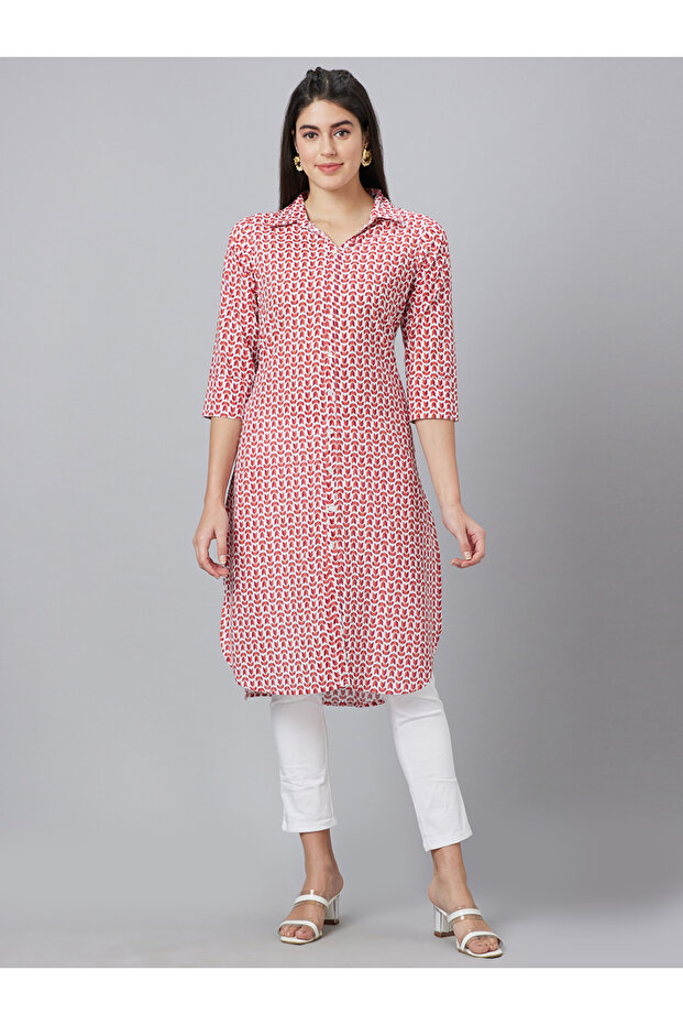 Women Printed Shirt Collar Straight Kurta
