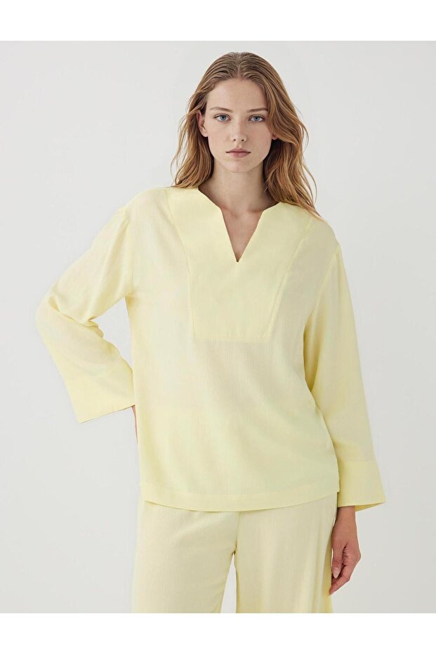 Sarı Rahat Kesim V Yaka Uzun Kollu Bluz - 1