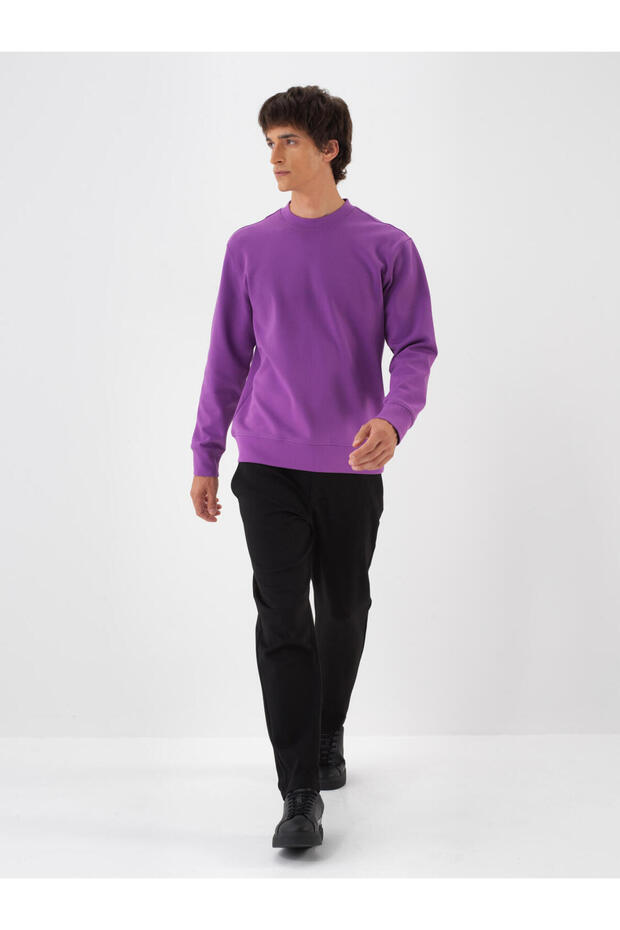 Erkek Mor Pamuklu Basic Sweatshirt - 2