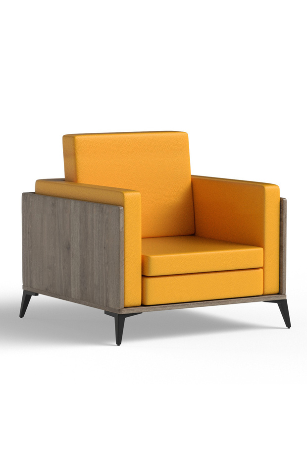 KD 3326 Truffle Davos Oak Wooden Single Seat Sofa with PU Cushion for Offices, Home - Yellow