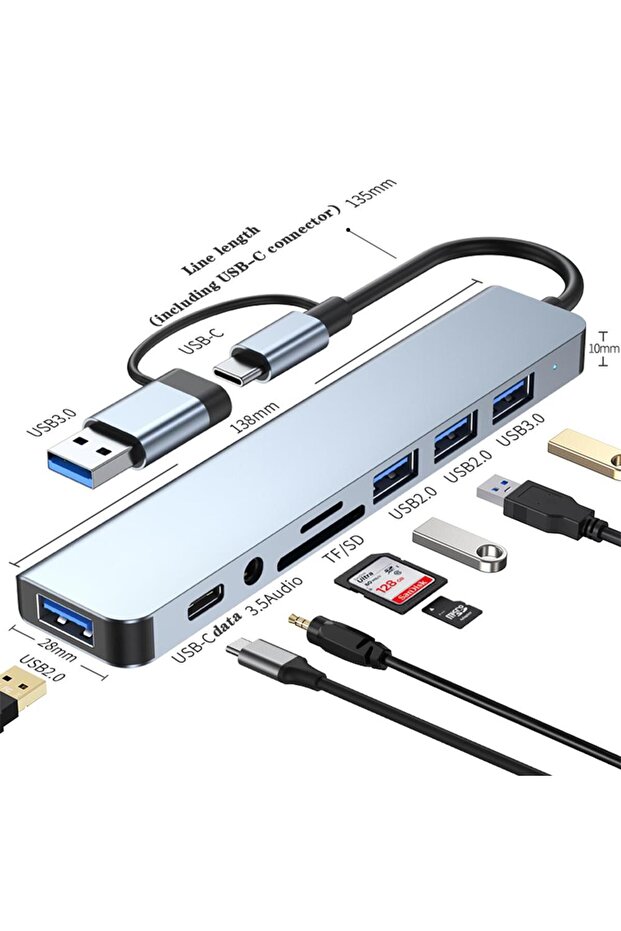 8 in 1 USB Type-C Çok Portlu Hub USB 3.0 2.0 3.5 mm Ses TF SD Kart Çevirici Adaptör - 2