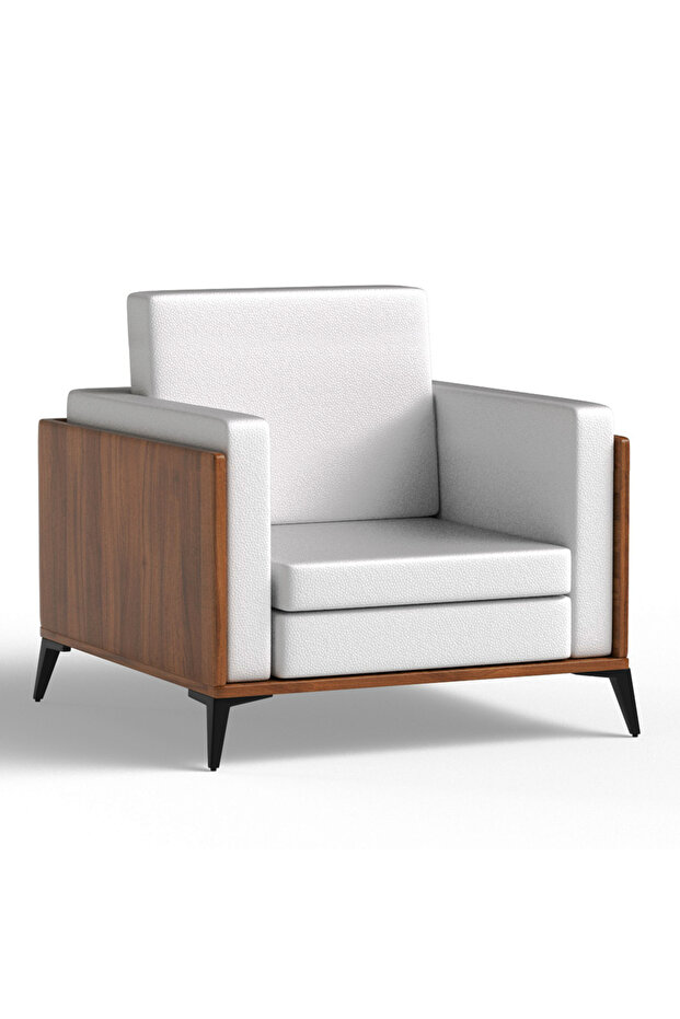 KD 3326 Natural Dijon Walnut Wooden Single Seat Sofa with PU Cushion for Offices, Home-White