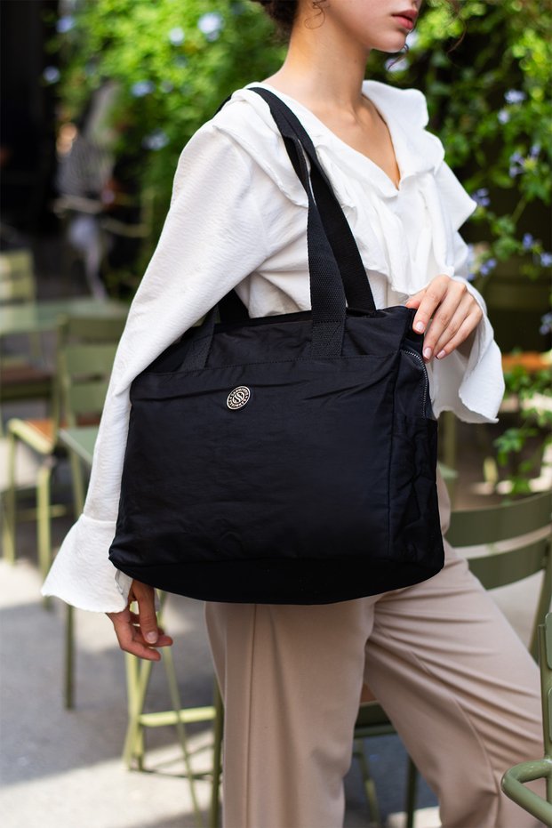 Women's Large Size Black Color Hand Shoulder Bag with Compartments, Water Resistant, Crossbody and Shoulder Strap