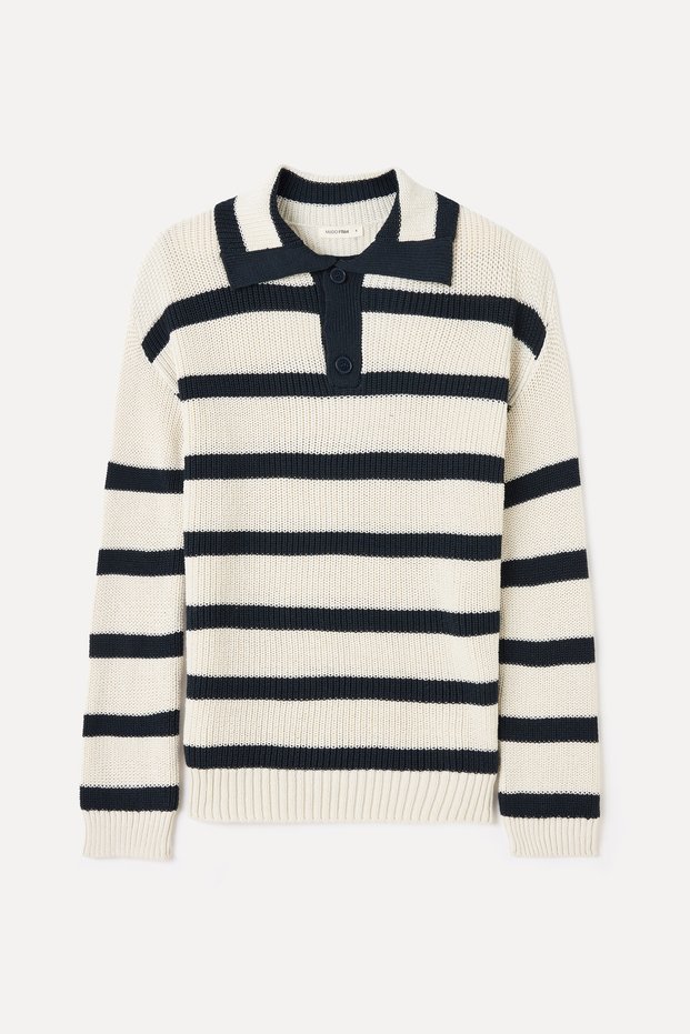 Men's Ecru Striped Polo Collar Sweater
