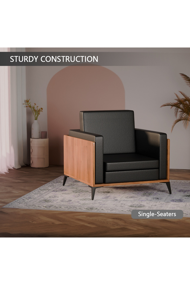 KD 3326 Natural Dijon Walnut Wooden Single Seat Sofa with PU Cushion for Offices, Home-Black - 5