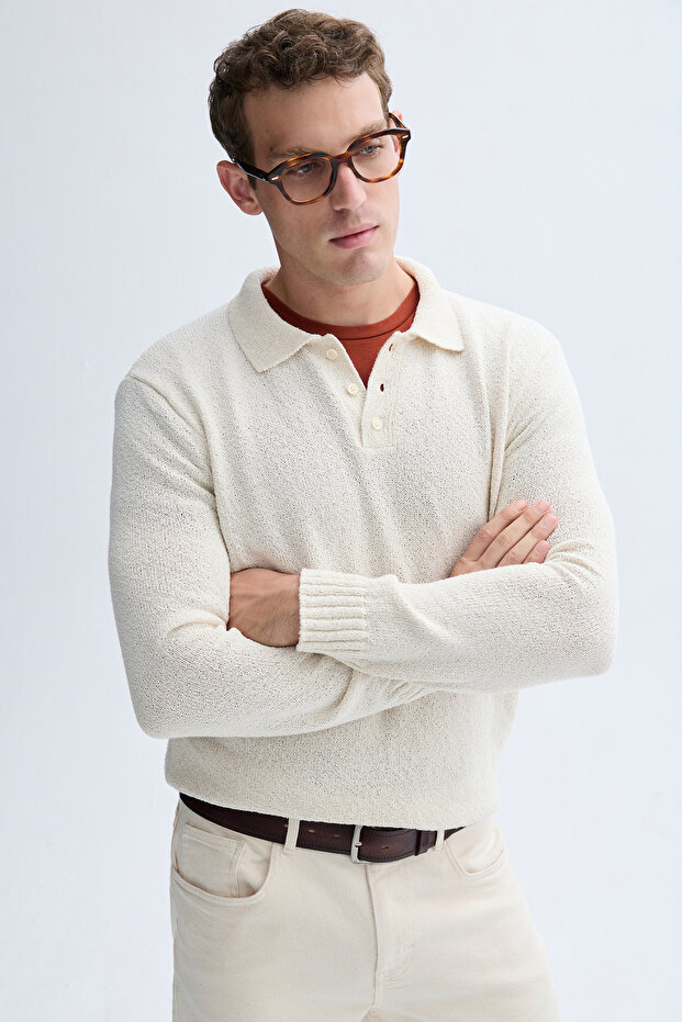 Men's Ecru Polo Collar Sweater