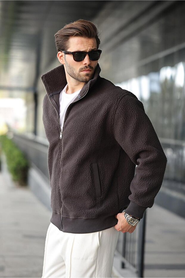 Smoked Zippered Stand Collar Men's Fleece Cardigan E7166