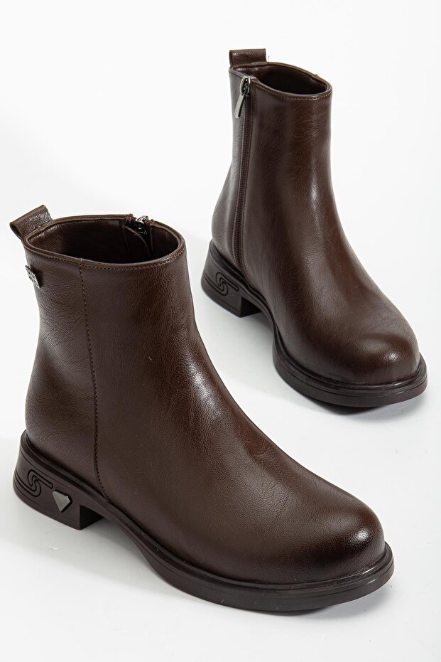 Women's Boots Brown Faux Leather Rubber Sole Flat