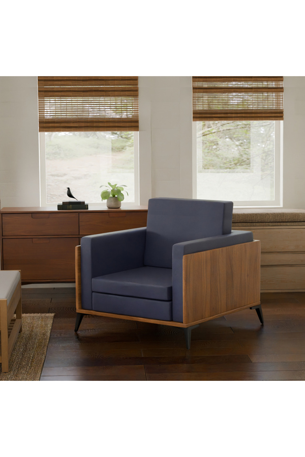 KD 3326 Natural Dijon Walnut Wooden Single Seat Sofa with PU Cushion for Offices, Home-Blue - 2