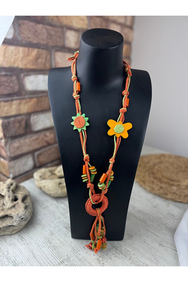 Ahşap çiçekli el yapımı uzun bohem kolye - 4