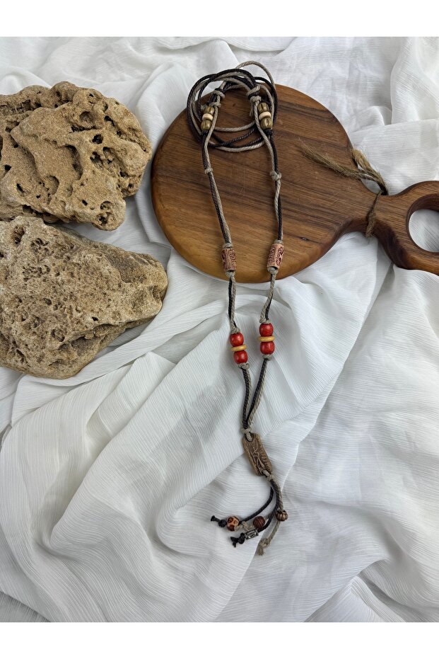 Ahşap işlemeli uzun bohem kolye - 4