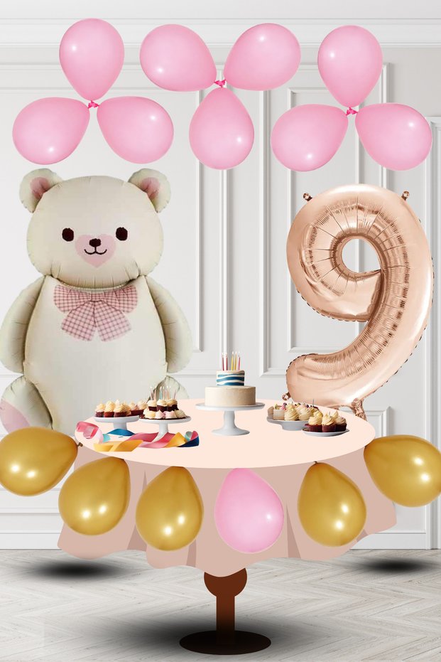 9 Year Old Retro Foil Cream Teddy Bear Pink Gold Balloon Rose Gold Number Birthday Decoration