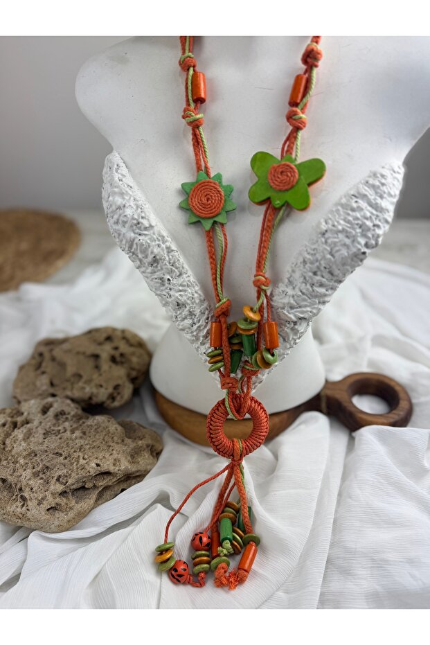 Ahşap çiçekli el yapımı uzun bohem kolye - 1