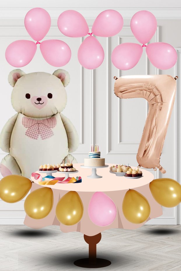 7 Year Old Retro Foil Cream Teddy Bear Pink Gold Balloon Rose Gold Number Birthday Decoration