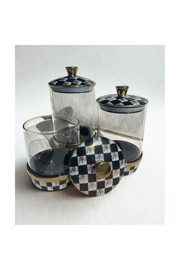 Set of 3 Checkered Patterned Glass Porcelain Storage Containers - Patterned Jar Set with Gold Detailed Lids - 1