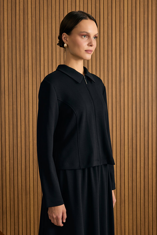 Önden Fermuarlı Kısa Örme Ceket - 2