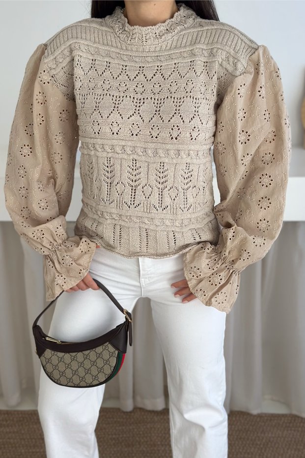 Beige Fisto Embroidered Detailed Knitwear Blouse Standard Size