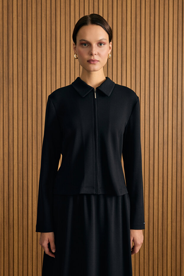 Önden Fermuarlı Kısa Örme Ceket - 1