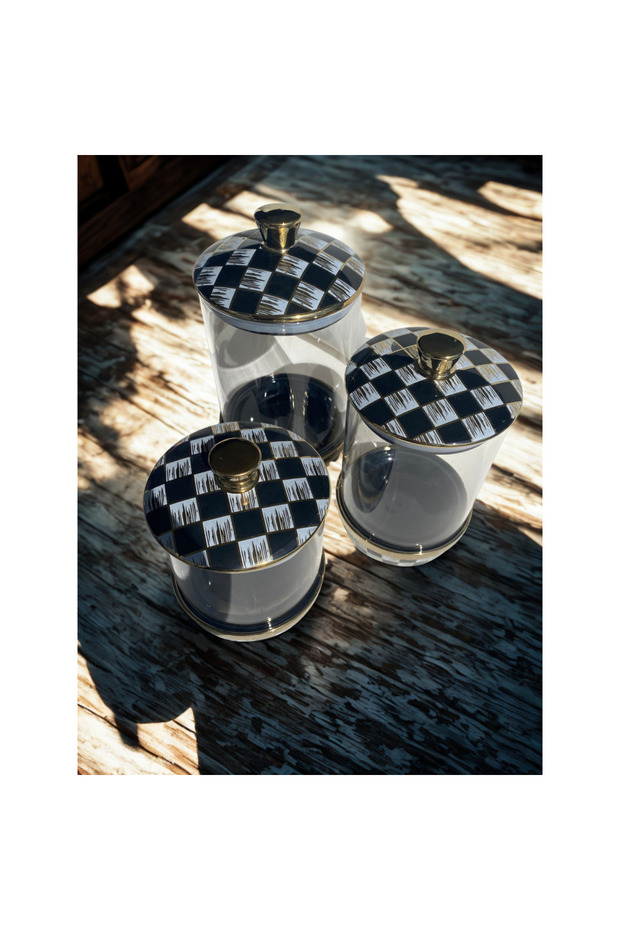 Set of 3 Checkered Patterned Glass Porcelain Storage Containers - Patterned Jar Set with Gold Detailed Lids - 4