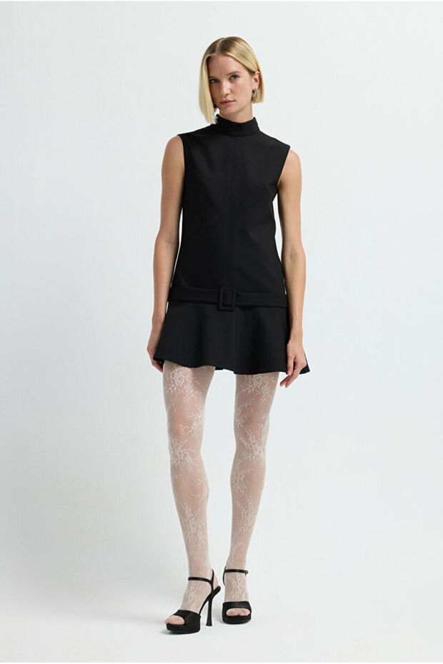 Kemerli Dik Yaka Elbise - 4