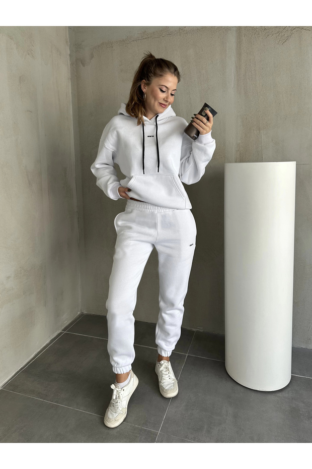 Women's White Three Thread Ribbed Hooded Sweat Tracksuit Set