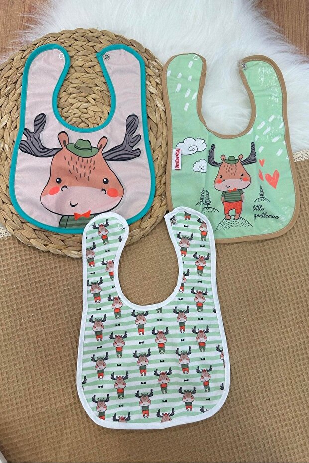 Alezi Liquid-Proof, Stain-Resistant, Snap-On Deer Pattern 3-Piece Baby Food and Drool Bib (6-18 Months)