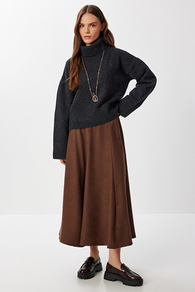 Midi Flared Suede Skirt Lns0087 Brown