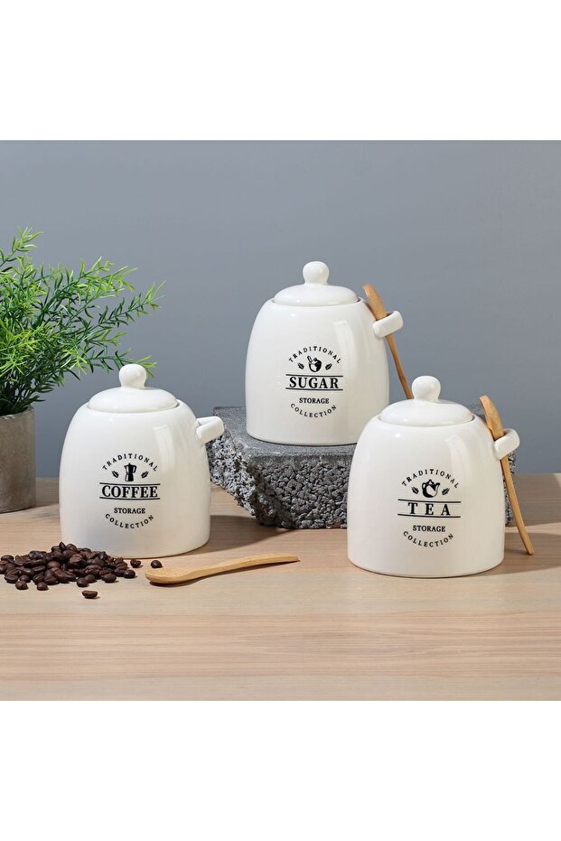 Princess 3-Piece Ceramic Jar Set with Spoon – Airtight Jars for Sugar, Tea, Coffee, 700ml
