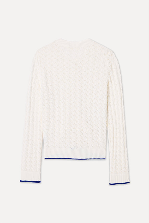 Women's Ecru Crew Neck Openwork Cardigan
