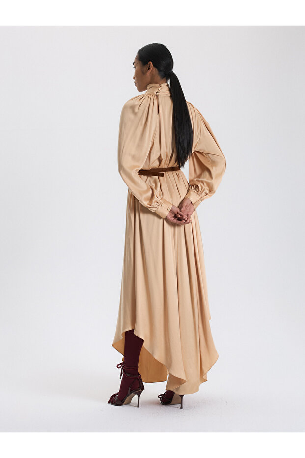 Bej Drapeli Asimetrik Elbise - 2