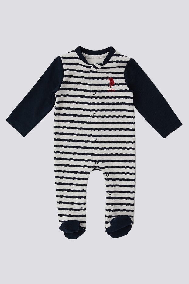 U.S. Polo Assn Footed Striped Detail Navy Blue Baby Romper
