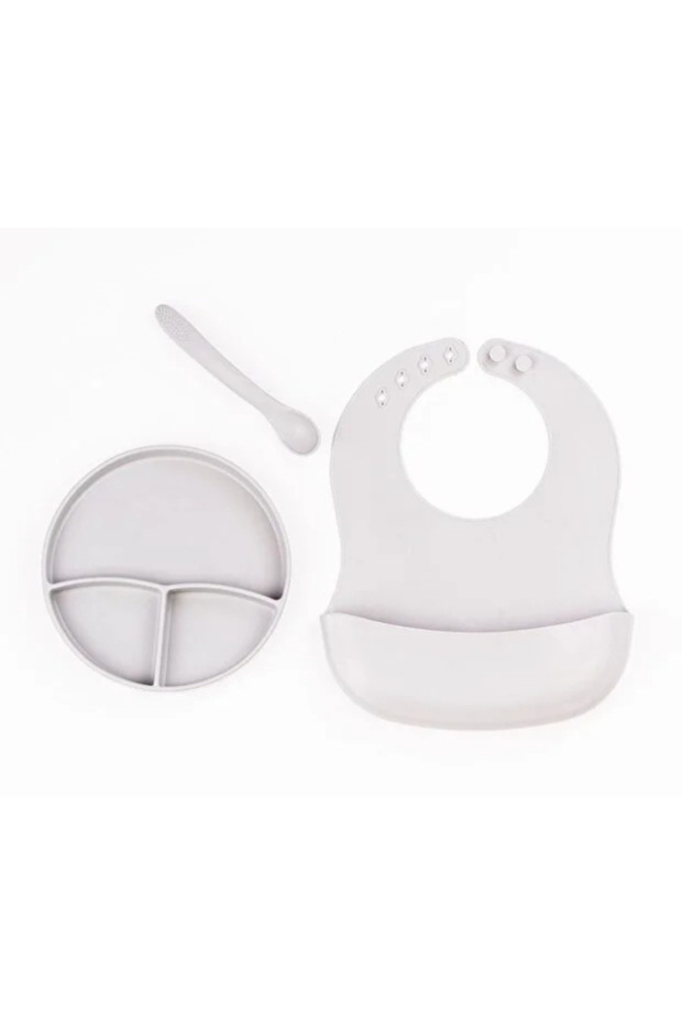 Gray 3-Piece Silicone Dinnerware Set – Bib + Teething Spoon + Vacuum Plate