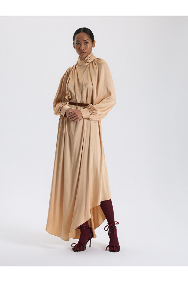 Bej Drapeli Asimetrik Elbise - 5