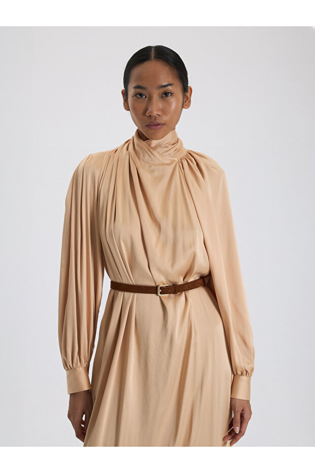 Bej Drapeli Asimetrik Elbise - 3