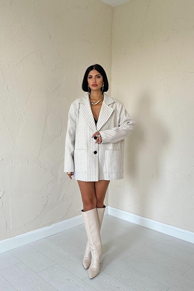 Çizgili Oversize Blazer Ceket - 4