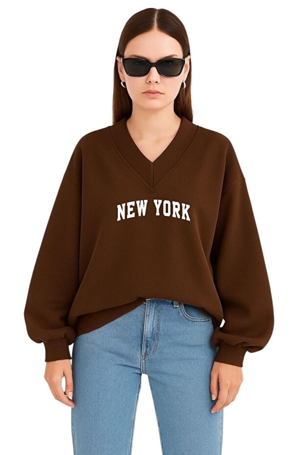 New York Printed Unisex V-Neck Sweatshirt