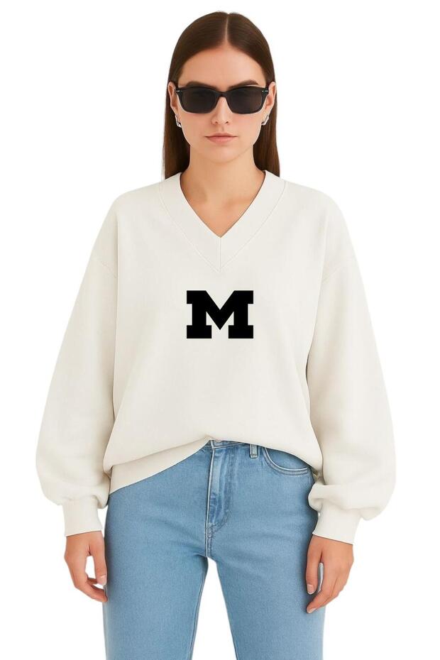 M Printed Unisex V-Neck Sweatshirt