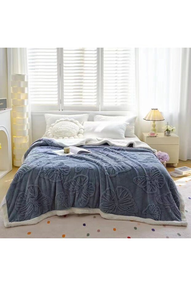 Cocolino blanket with plush back for double bed, embossed butterfly pattern, practical, fine texture, BF-4 - 1