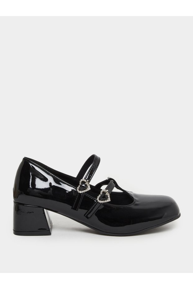 Black Mary Jane Flats Shoes with Heart Buckles