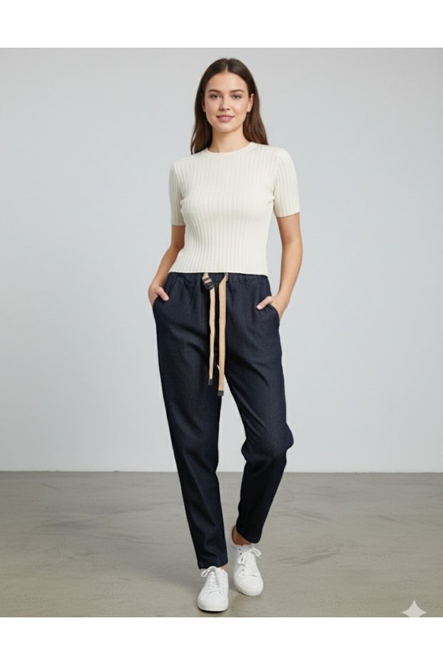 Women Buy Soft Denim Pants with Elastic Waistband and Belt, Panton.