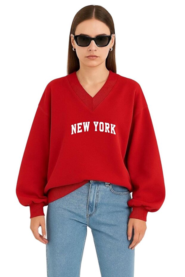 New York Printed Unisex V-Neck Sweatshirt
