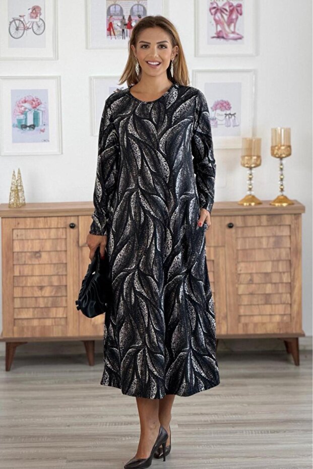 Siyah Kahve Yaprak Desenli Zımparalı Süet Elbise - 3