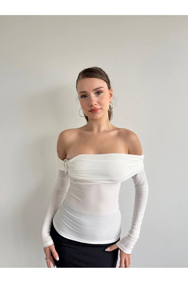 Sevunera Asymmetrical White Long Sleeve Madonna Blouse Crop with Top Buckle Detail