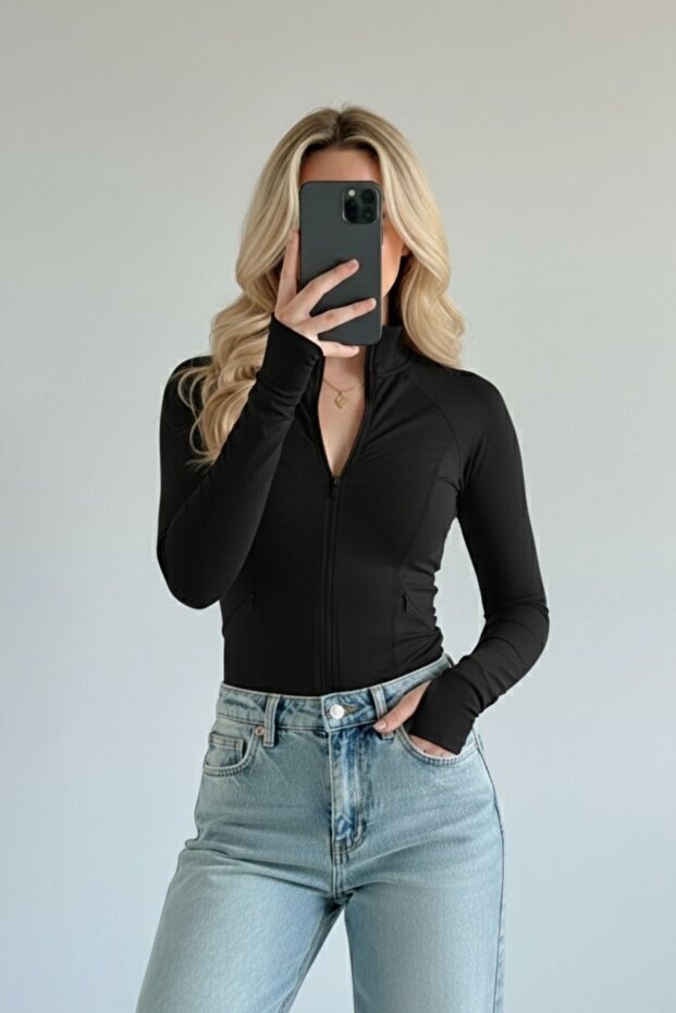 Rover Basic Slim Fit Fermuarlı Bluz - 1