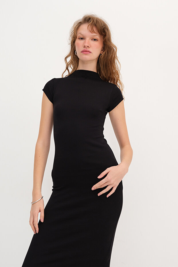 Dik Yaka Kısa Kollu Basic Elbise E18638 - 5