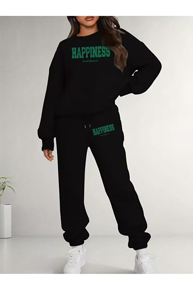 Women's Crew Neck Happiness Printed Top and Bottom Black Tracksuit Set Oversize Boyfriend Style