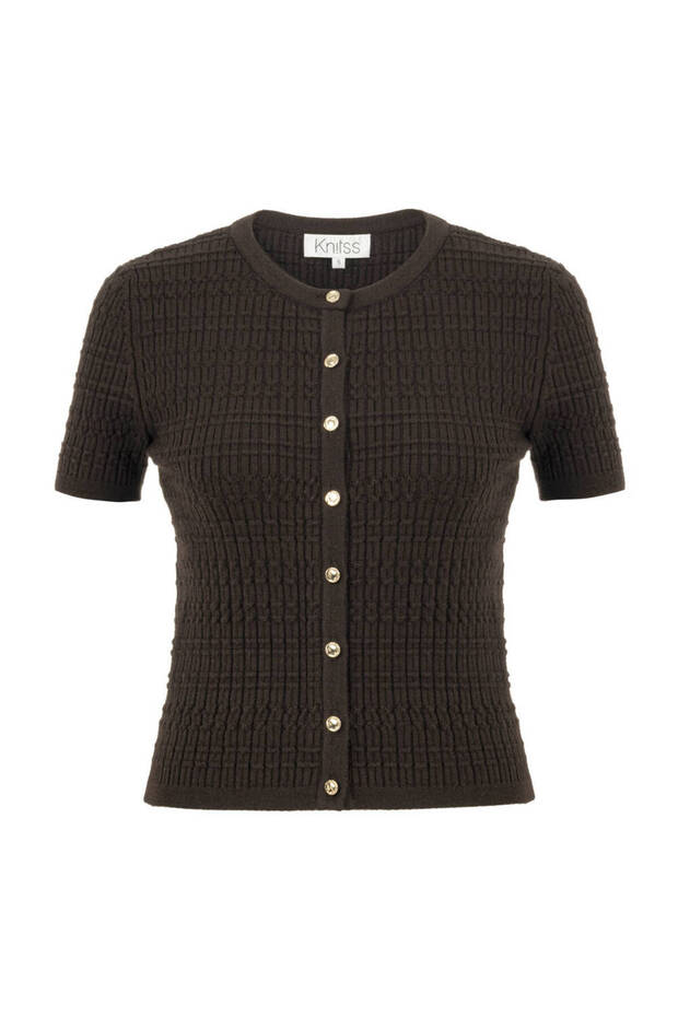 بلوزة تريكو باللون البني الداكن مع أزرار للإغلاق - 6